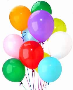 Cluster of colorful balloons on strings against a white background