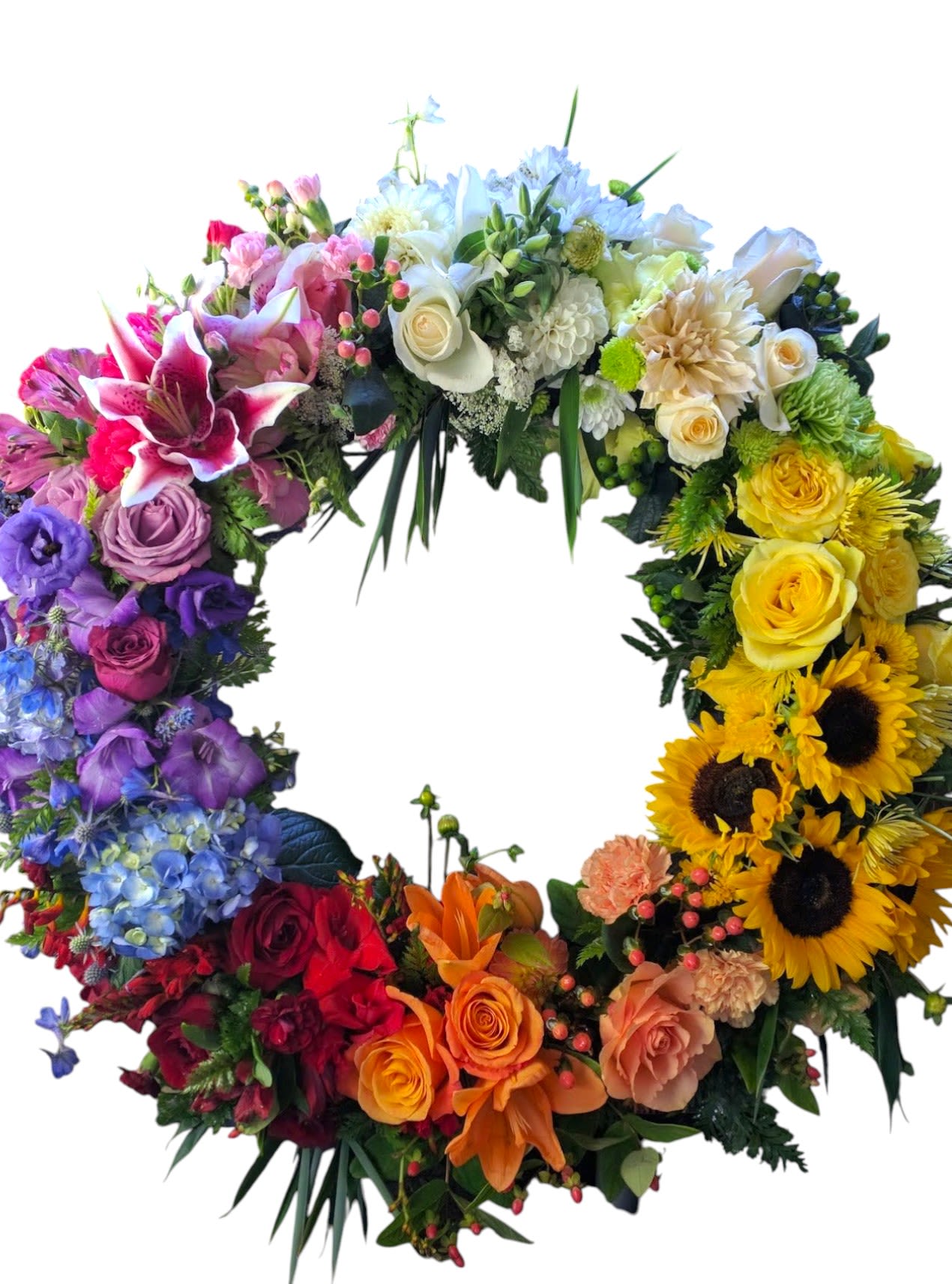 Colorful floral wreath with roses, lilies, and sunflowers