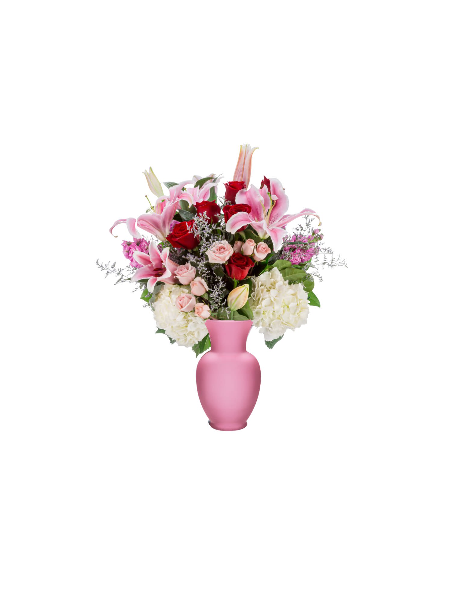 Pink and red flowers arranged in a pink vase