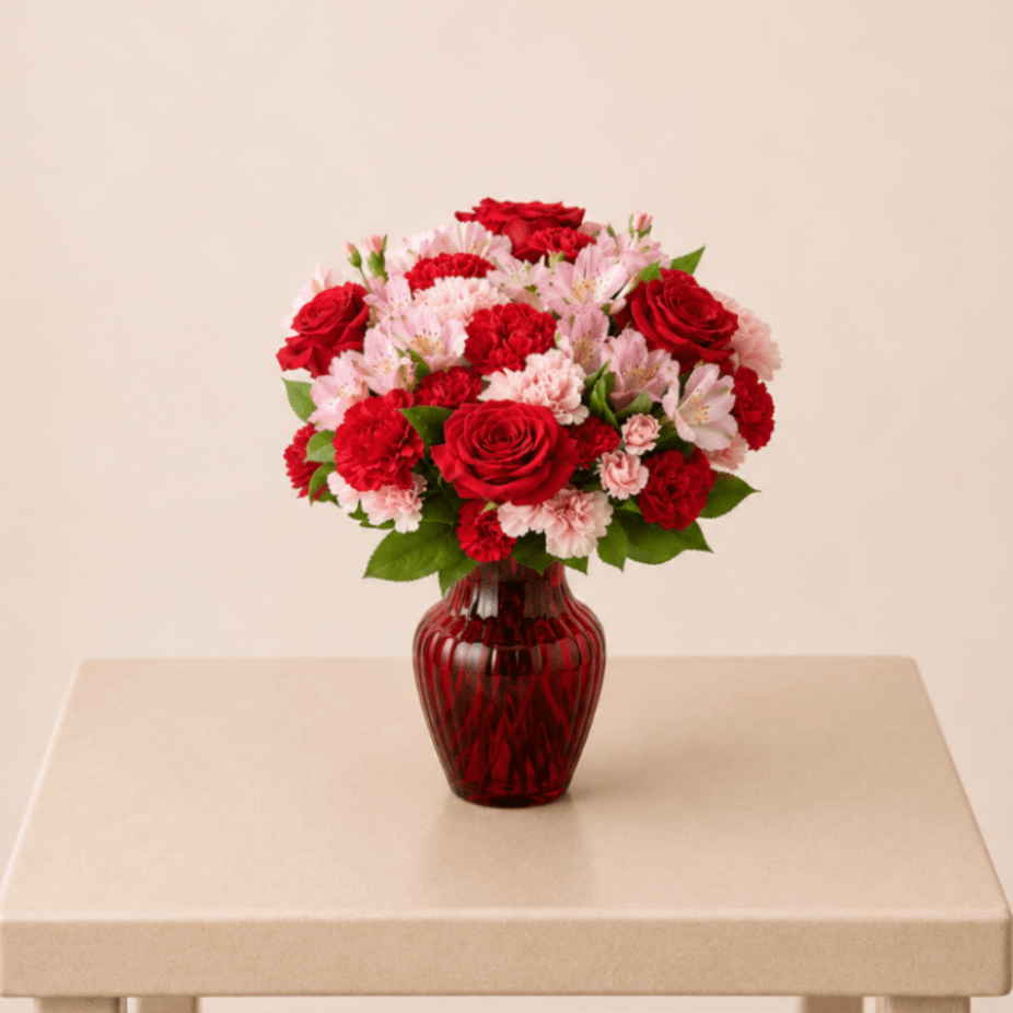 Red roses and pink carnations arranged in a red glass vase