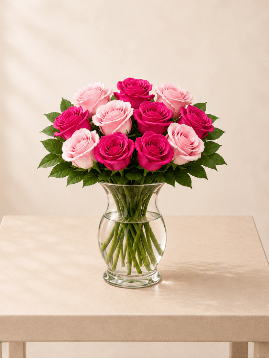 Pink Kiss Roses - A vibrant flower arrangement featuring a romantic mix of fuchsia and soft blush roses, beautifully designed with fresh greenery in a clear glass vase. Bright, modern, and full of personality, this design is made to impress and celebrate love in full color.  Each arrangement is Designer’s Choice, thoughtfully created with fresh seasonal blooms. Flower varieties and color tones may vary based on availability while preserving the overall style, palette, and quality.  Perfect for Valentine’s Day, anniversaries, birthdays, romantic gestures, thinking of you, Mother’s Day, or a bright and meaningful “just because” surprise.  Same day flower delivery available in Southwest Florida, including Naples, Bonita Springs, and Fort Myers Beach. 
