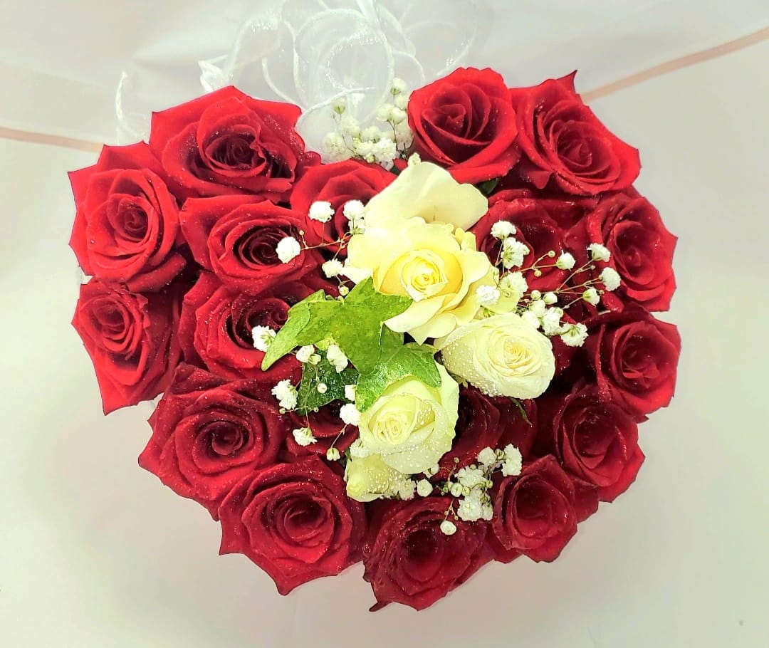 Heart-shaped bouquet of red and white roses with baby's breath