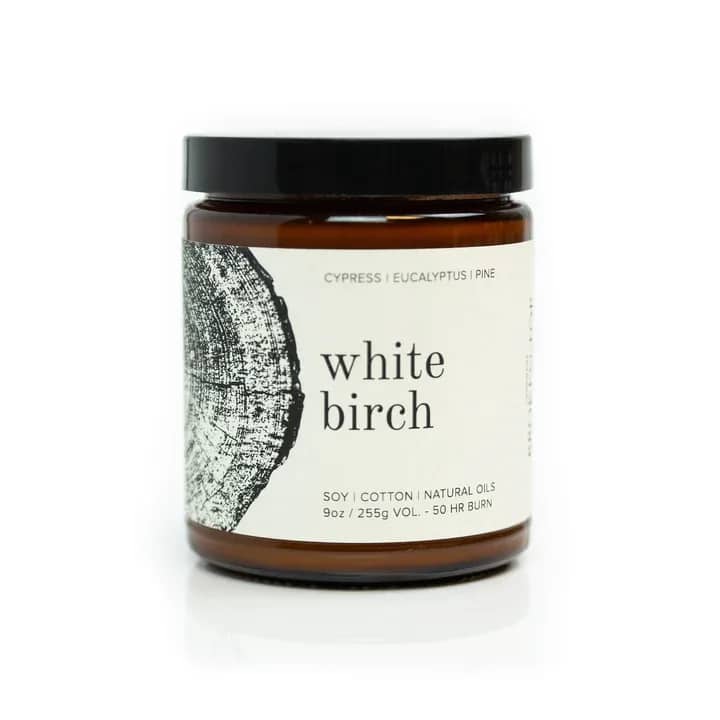 Broken Top White Birch Soy Candle - Inhaling an invigorating breath of cool mountain air, whispers of snow floating to the ground. Evergreen cypress and pine are engulfed in minty eucalyptus to create this clean and refreshing scent.  Our soy candles are hand-poured with 100% U.S.-grown soybean wax, cotton core wicks, and fine fragrance oils. Our candles are always vegan, gluten-free, paraben-free, and phthalate-free.   How to use Soy Candles  1. Trim the wick to 1/4 inch before each burn. This creates a clean, safe burn and helps extend the life of your candle. 2. Allow the wax to melt to the edge of the jar every burn to avoid tunneling - this is especially important on the first burn! 3. Safety first! Only burn candles on a level, fire resistant surface and never leave your candle unattended. 4. Do not burn your candle for more than 4 hours at a time and stop burning when there is less than 1/2" of wax remaining.