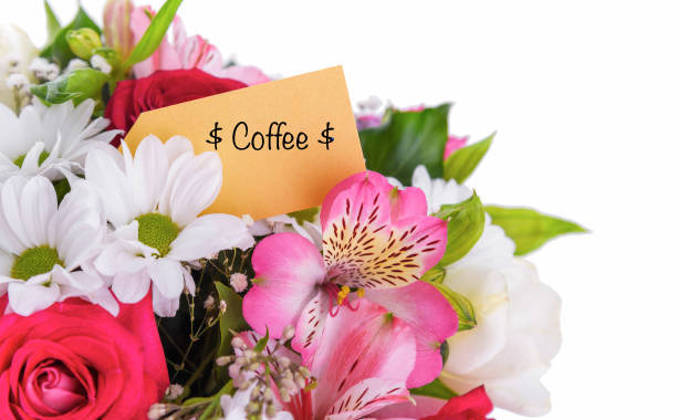 Bouquet of pink and white flowers with a coffee gift card