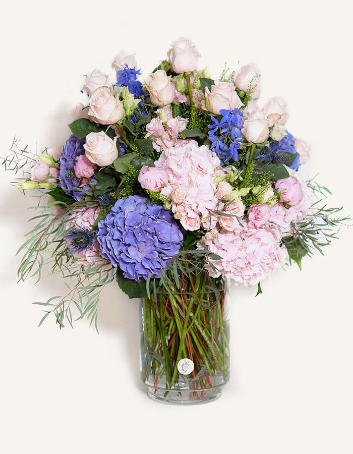 New Baby bouquet - .Celebrate both the parents and new baby with one of our artistically symbolic bouquets! A congregation of the most decadent blooms in pastel pink and electric blue,This bouquet must be ordered 1 days in advance 