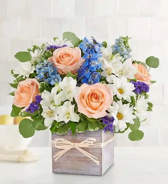 Peach roses and white daisies in a wooden box with blue flowers