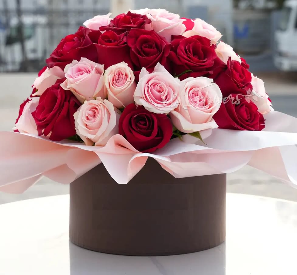 Bouquet of red and pale pink roses wrapped in blush paper