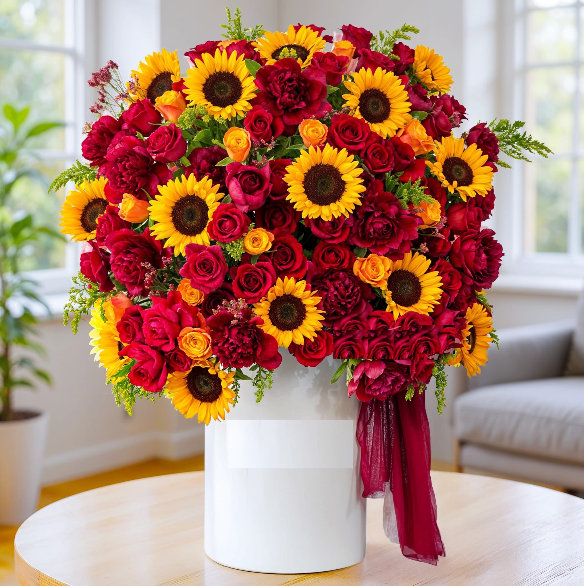 Large bouquet of red roses and yellow sunflowers in a white vase