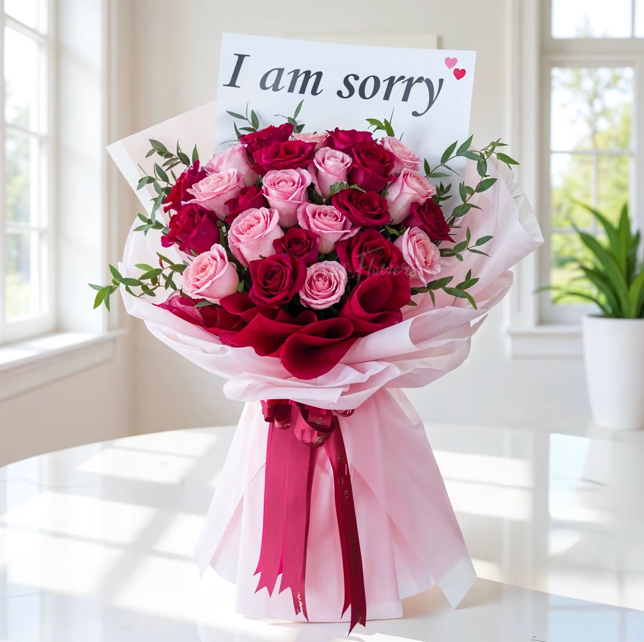 Bouquet of pink and red roses with an "I am sorry" card