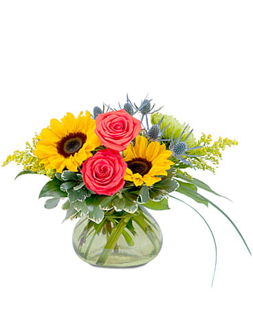 Sunlite - Bright but warm colors of sunflowers and roses and accent flowers combined in this rosy posy vas, brings a little sunlite in.