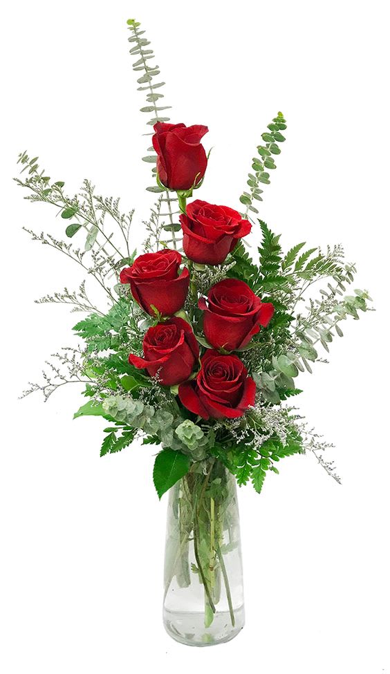 Red roses arranged in a clear glass vase with airy greenery