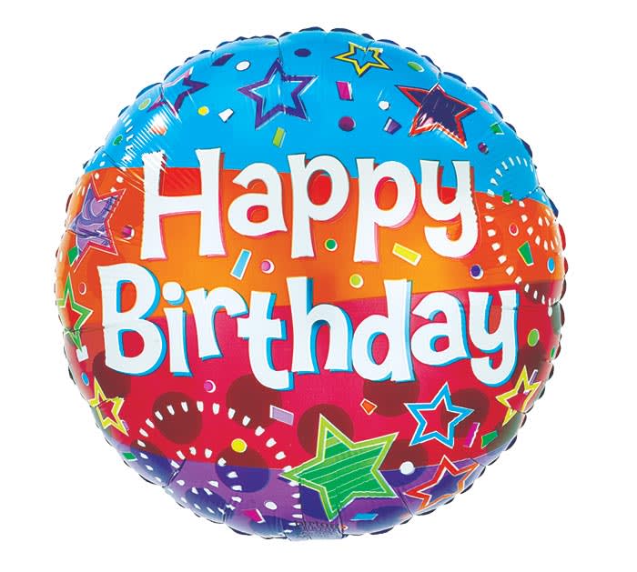 Round birthday balloon with colorful stars and confetti