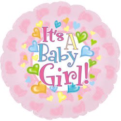 Round pink balloon with "It's A Baby Girl!" text and colorful hearts