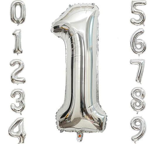 Silver number balloons arranged as 0 through 9 with a large 1 in the center