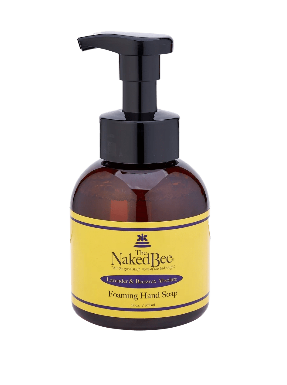 Amber foaming hand soap bottle with a black pump and yellow label