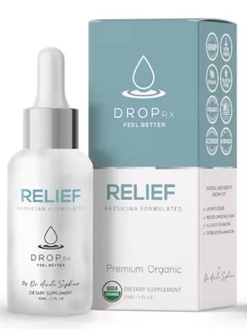 Dropper bottle and box of Relief dietary supplement
