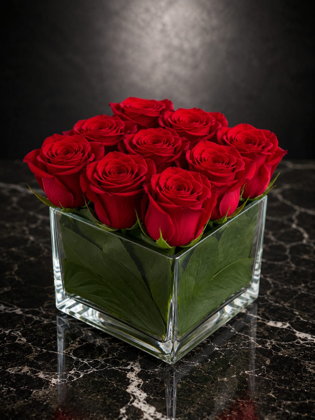 Red roses arranged in a clear square glass vase