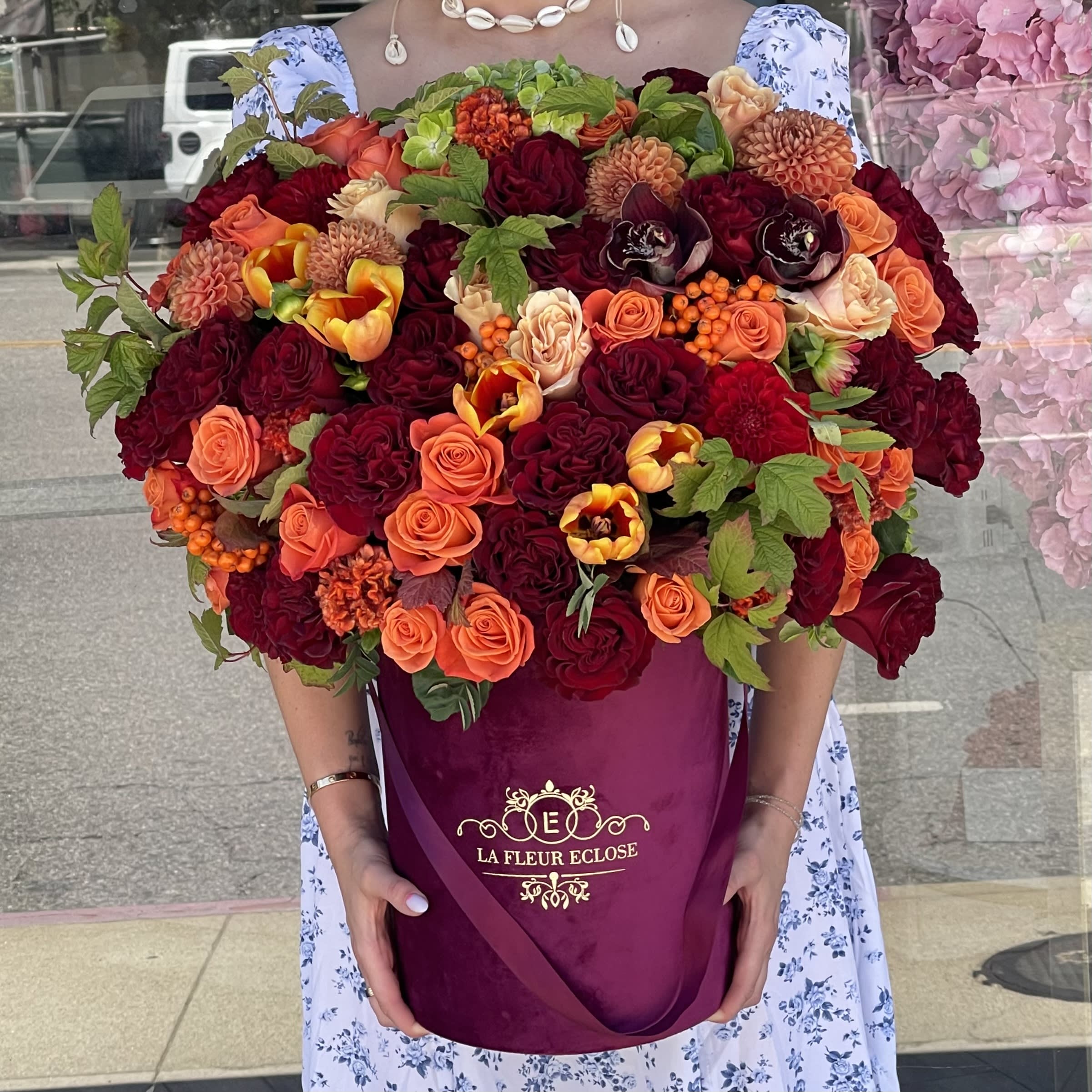 Autumn Mood  - Autumn Colors in a beautiful mixed arrangement in a burgundy box