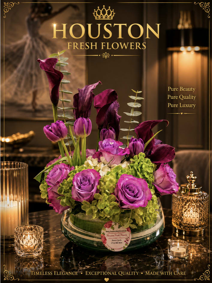 Moon NEW - A lush and sophisticated floral arrangement where deep plum calla lilies rise like sculpted velvet flames above of lavender roses and violet tulips. Fresh green hydrangeas add a vibrant contrast, bringing softness and balance to the dramatic jewel- toned palette. The composition feels both modern and romantic- graceful lines, rich textures, and a quiet sense of luxury. Perfect for refined interiors, milestone celebrations, or someone who loves flowers depth, artistry, and cinematic beauty. 
