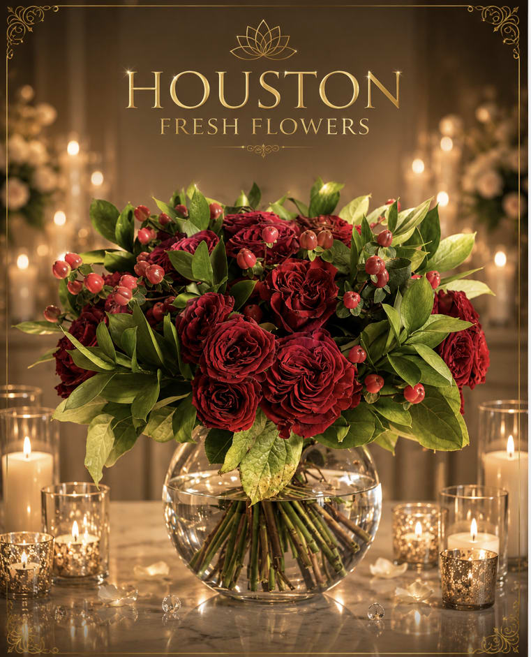 Red Velvet - A rich and modern holiday statement piece, the Christmas Velvet pairs lush deep-red roses with festive winter berries and fresh seasonal greenery. The vase showcases the clean, sculptural stems, giving the arrangement a contemporary edge while keeping its classic Christmas warmth.  Bold crimson blooms evoke the feeling of holiday velvet, while the bright green foliage adds a fresh, joyful contrast- creating a design that is both sophisticated and undeniably festive. This bouquet is perfect for holiday tables, elegant gifting, or adding a touch of Christmas luxury to any room.  A simple yet stunning celebration of the season's most iconic colors. 