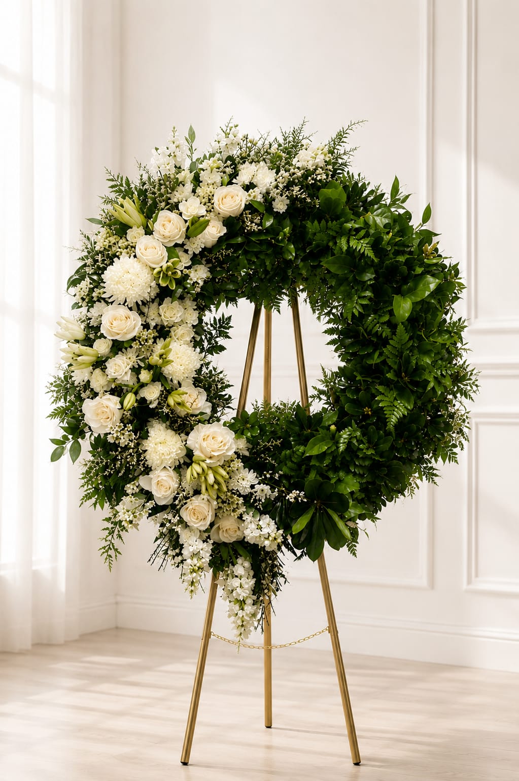 Large white and green floral wreath on a gold stand