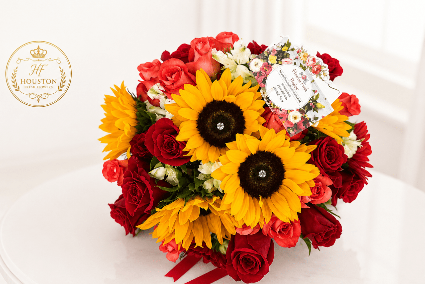 You're my Sunshine (in a vase) - This bouquet pairs the cheerful brilliance of sunflowers with the deep passion of red roses, creating a striking balance between joy and desire- perfect for romantic gesture with a bold, sunny soul.  Sunflowers are nature's embodiment of joy, warmth, and unwavering strength. With their golden petals radiating like rays of sunlight and their tall, sturdy stems reaching skyward, sunflowers seem to follow the light- making them powerful symbols of hope, positivity, and resilience.