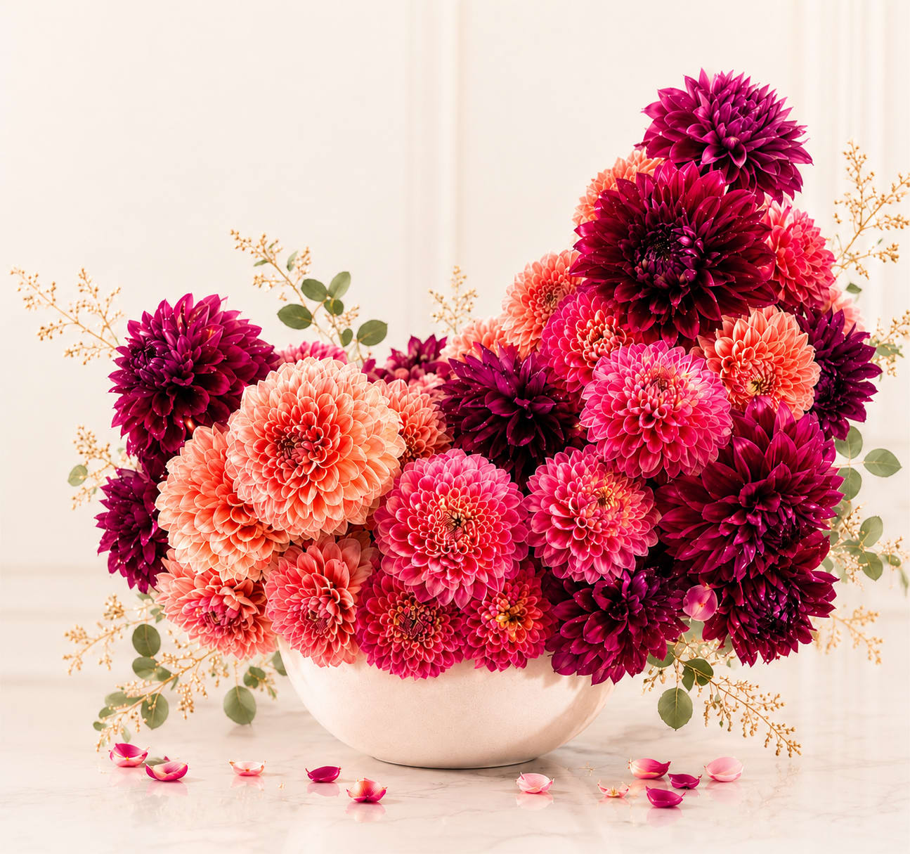 Luxury - A sculptural celebration of dahlias in full splendor, this modern arrangement captivates with a dramatic sweep of deep plum, magenta, and coral blooms, artfully composed in a minimalist white pedestal vase. The florals rise and fall like a musical phrase- bold yet balanced, intense yet graceful. Each flower is a note in a visual symphony, evoking passion, creativity, and strength. Ideal as a centerpiece for modern interiors, art events, or as a statement of daring elegance. 