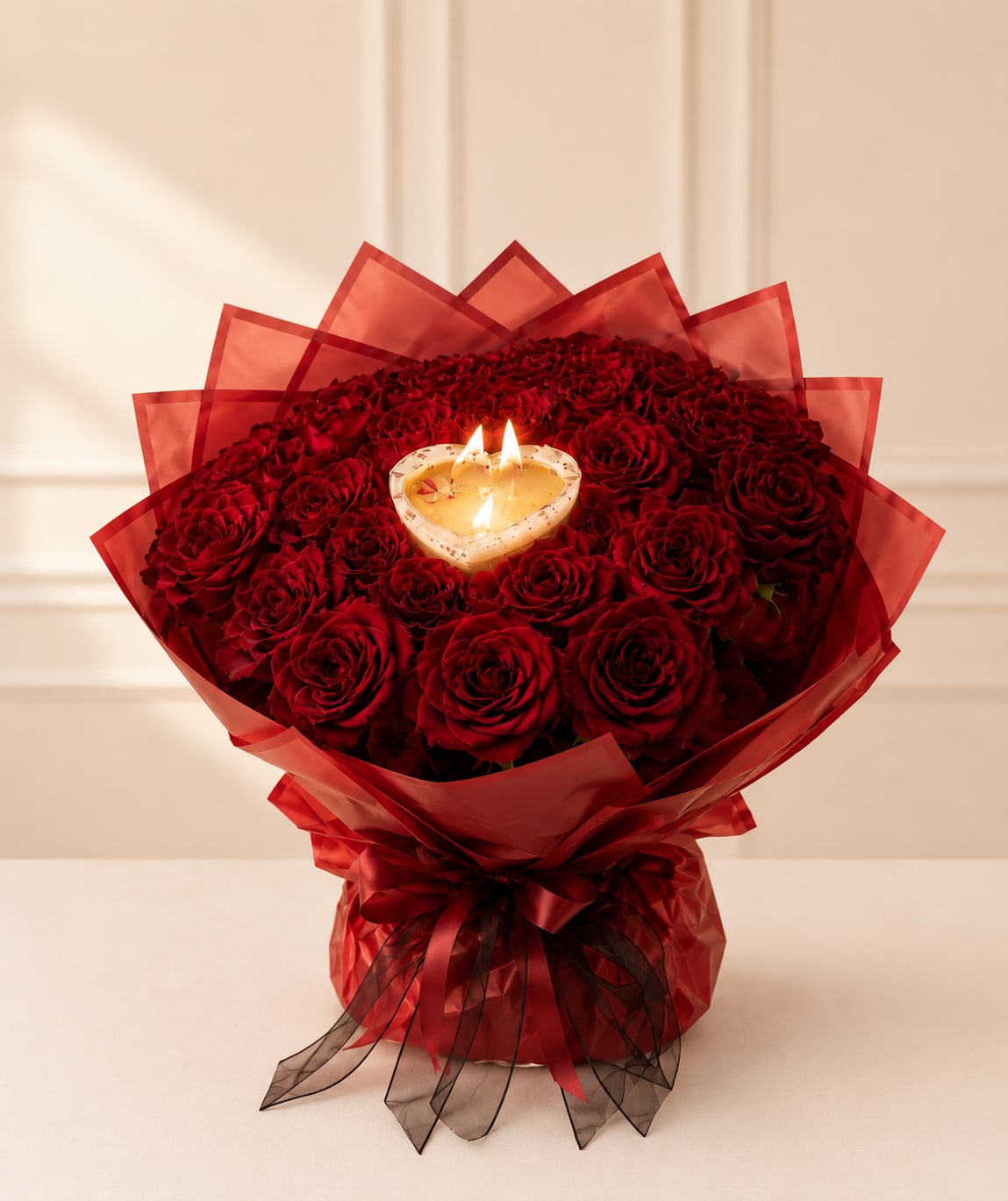 Love Burning Heart Shaped Roses - PLEASE: use notes section to specify your custom text! This arrangement is a bold expression of Love- intense, elegant, and impossible to ignore. A lush dome of deep red roses forms a perfect heart shape, each bloom tightly layered to create a rich, velvet texture. It feels like a statement rather than just a bouquet- designed not just to be seen, but to be felt.