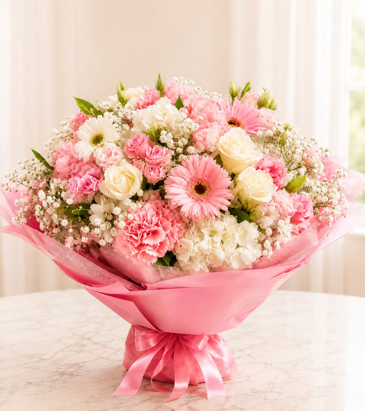 Wrapped Sweet  - This arrangement blooms like a soft sunrise- a delicate cloud of blush pink, ivory creams, and gentle whites. It's make in a foam instead of vase, and it's great for any Occassion. Ruffled carnations, playful gerberas, creamy roses, and a halo of baby's breath create a bouquet that feels warm, tender, and quietly luxurious. 