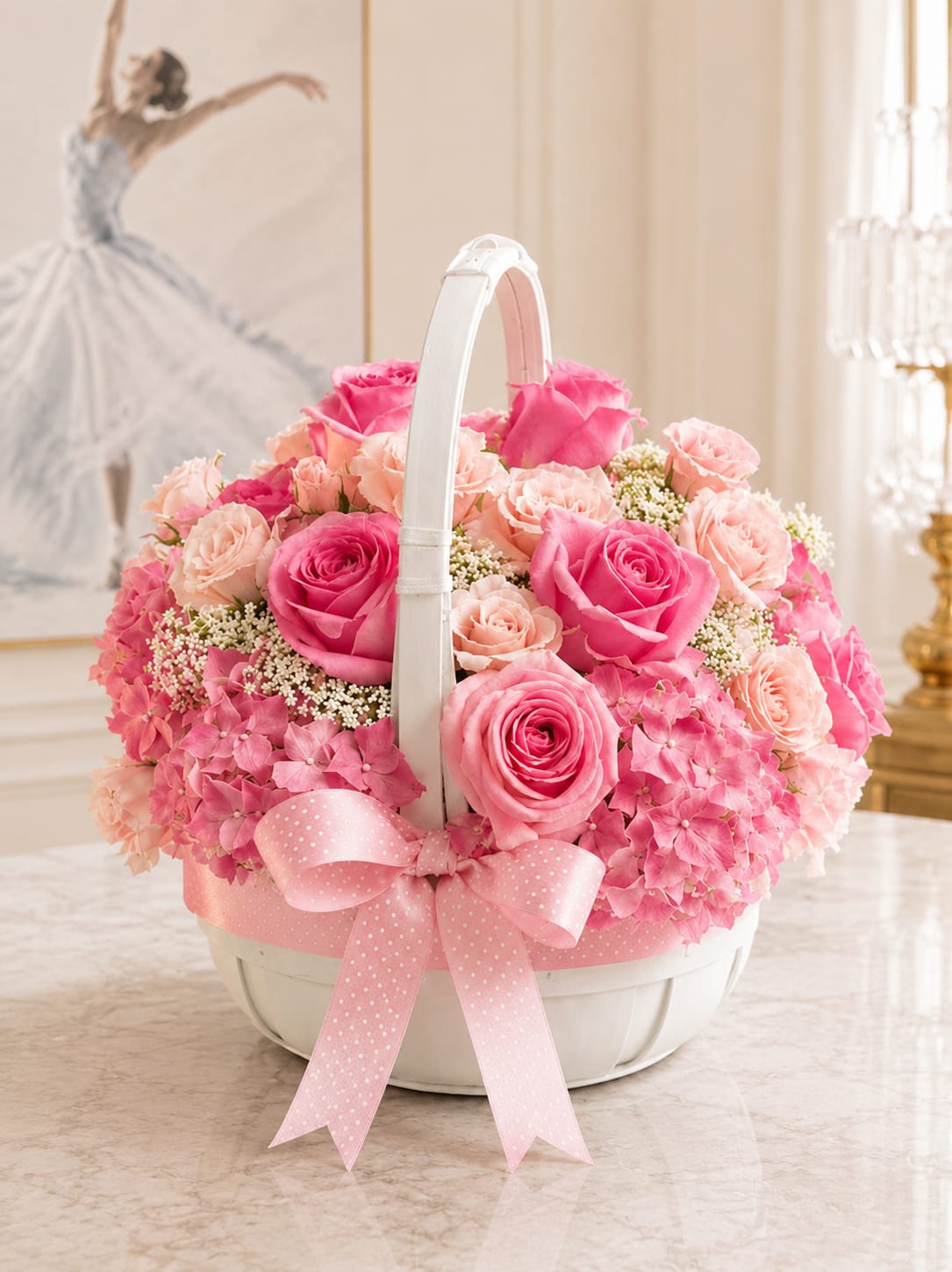 Lovely Basket - This bouquet is an enchanting composition that radiates both romance and sophistication. It holds a graceful cluster of soft purple roses harmoniously paired with lush violet blooms, creating a symphony of purples that feels both vibrant and soothing. The touches of delicate wax flowers and airy greenery add refinement, while the pink lace accents lend a playful, feminine charm. It is a bouquet that speaks the language of elegance—gentle yet striking, refined yet full of warmth. Perfectly balanced between structure and softness, it evokes the feeling of a tender embrace or a whispered declaration of affection. This arrangement would not only brighten a room but also leave an impression of grace, beauty, and timeless love.