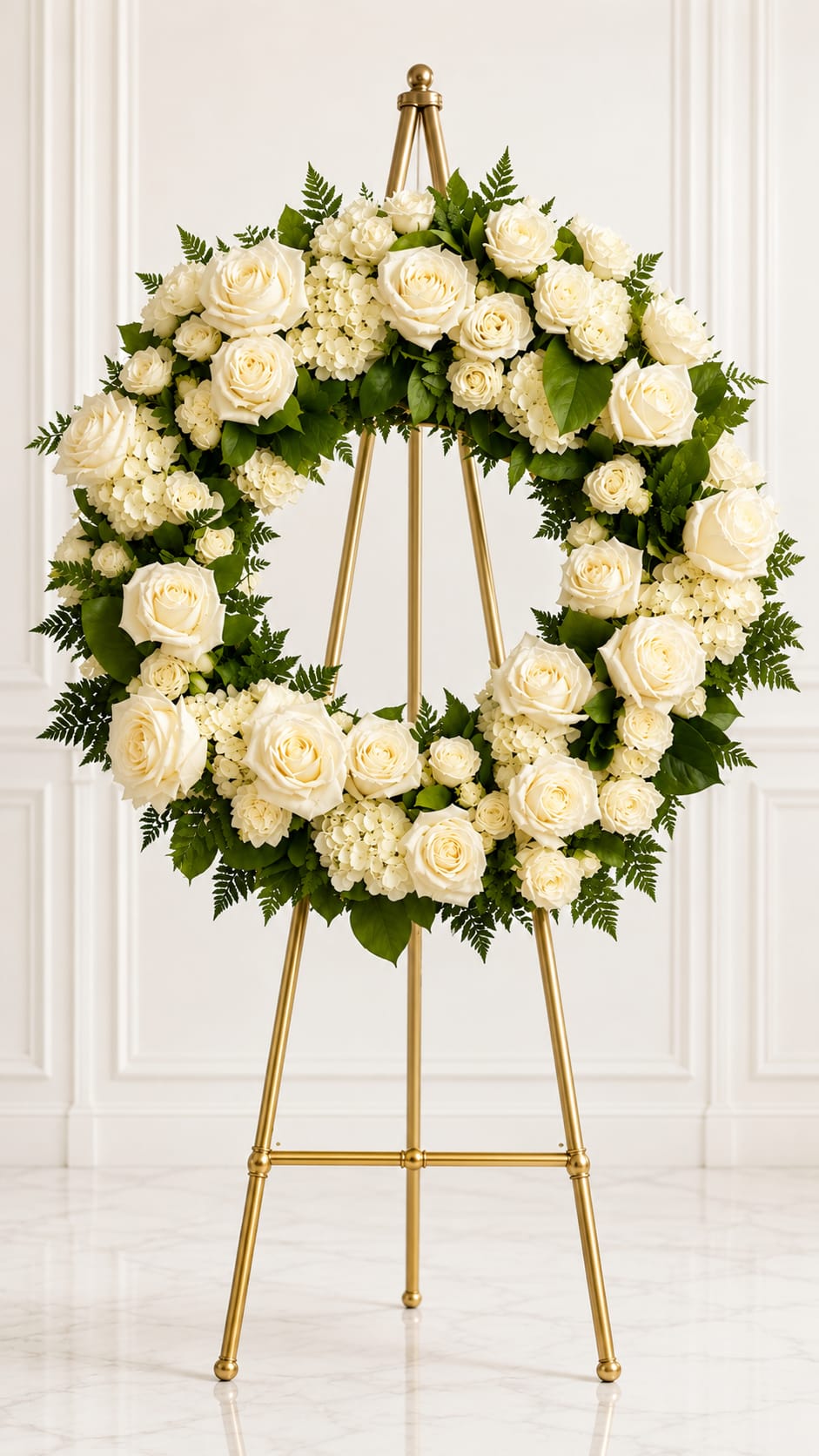 White peace Open wreath - Our White Sympathy Wreath creates a beautiful display of pure white blooms arranged. It is a special way for loved ones to express their love and compassion during a difficult time.