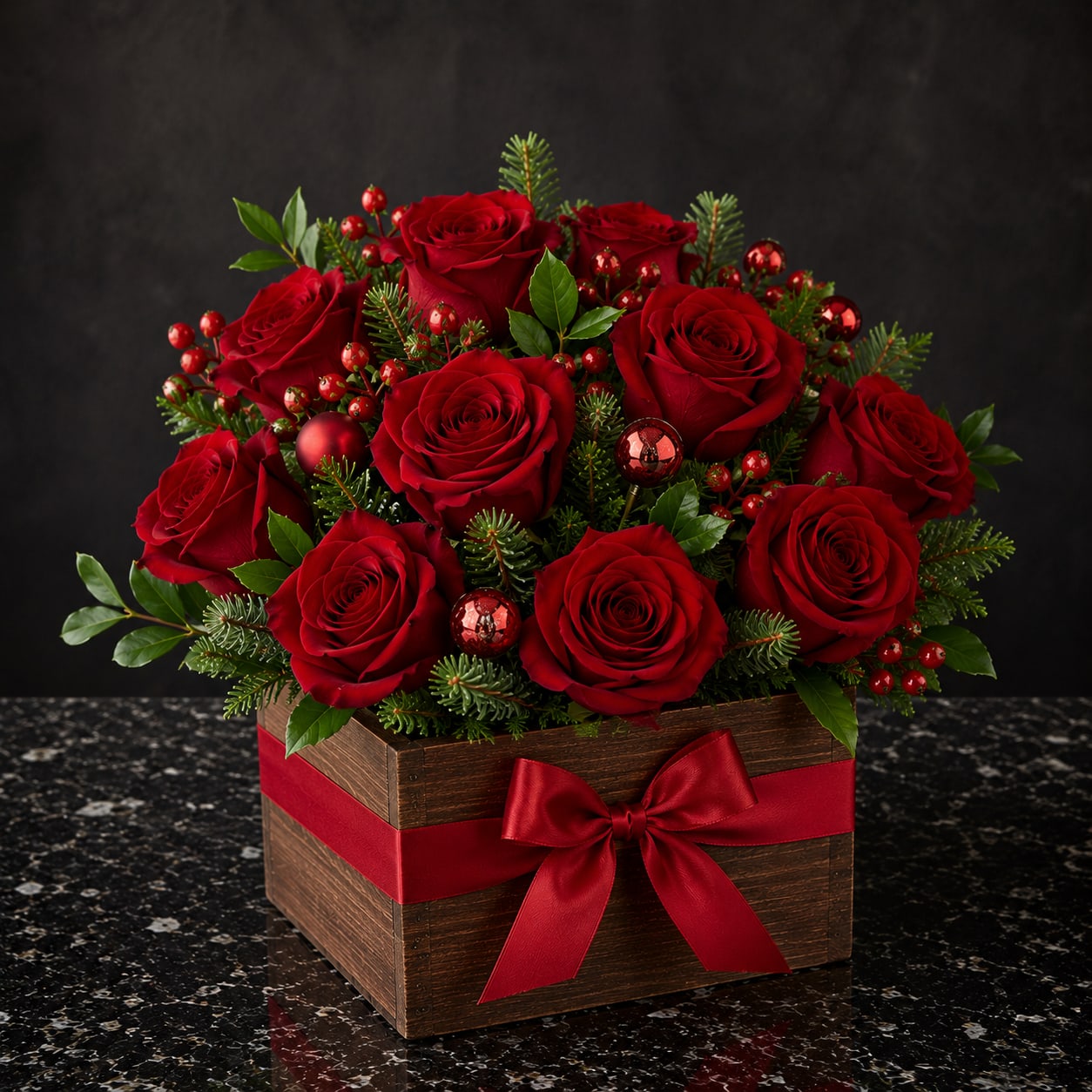 Red roses arranged in a wooden box with a red ribbon bow
