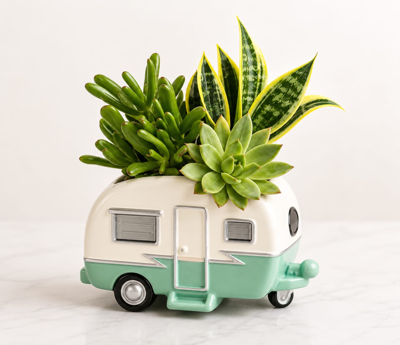 Happy Camper Succulent Garden - Bring the spirit of adventure indoors with this charming vintage camper planter filled with a beautiful assortment of premium succulents. Designed to last for months with minimal care, this unique living garden makes the perfect gift for birthdays, housewarmings, thank-you gifts, or anyone who loves travel and nature.
