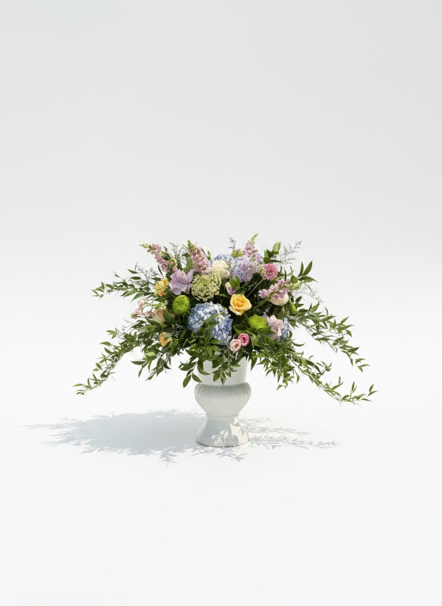 Mixed pastel bouquet in a white pedestal vase
