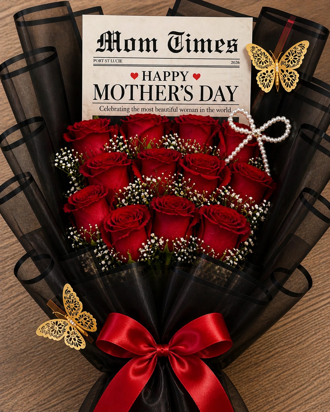 Mom Times Red - A dozen vibrant roses, elegantly arranged in newspaper print, with "Mom Times" message.