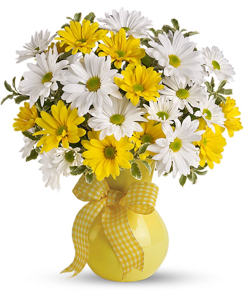 Yellow and white daisy bouquet in a yellow vase with a gingham ribbon