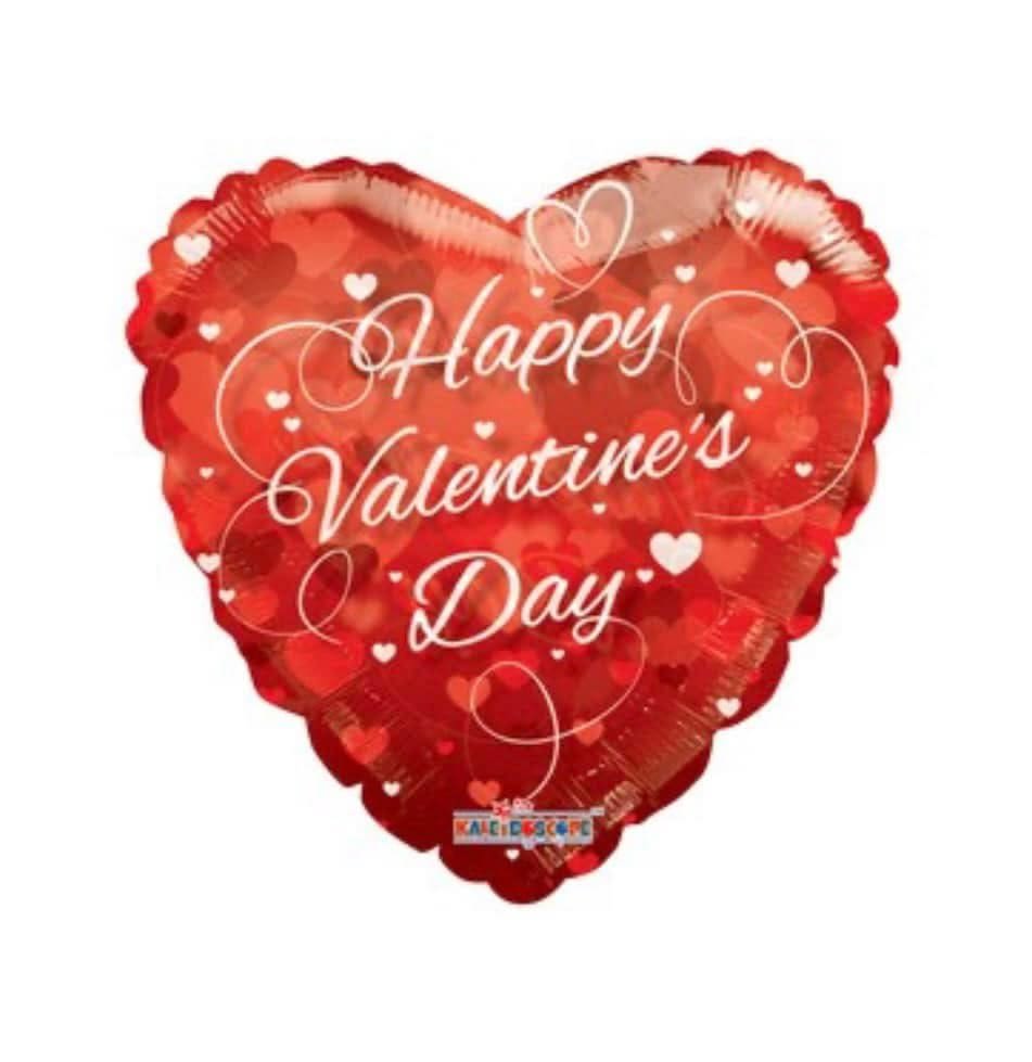 Heart-shaped red Valentine’s Day balloon with white lettering