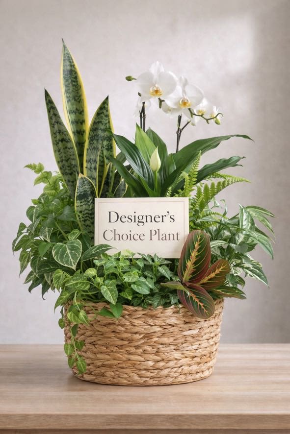 Mixed potted plants in a woven basket with white orchids and a sign reading Designer's Choice Plant