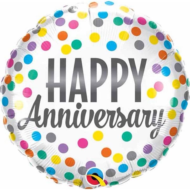 Round balloon with colorful polka dots and "Happy Anniversary" text