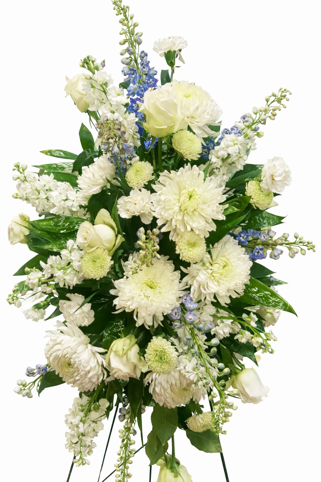 White and blue floral standing spray with chrysanthemums and roses