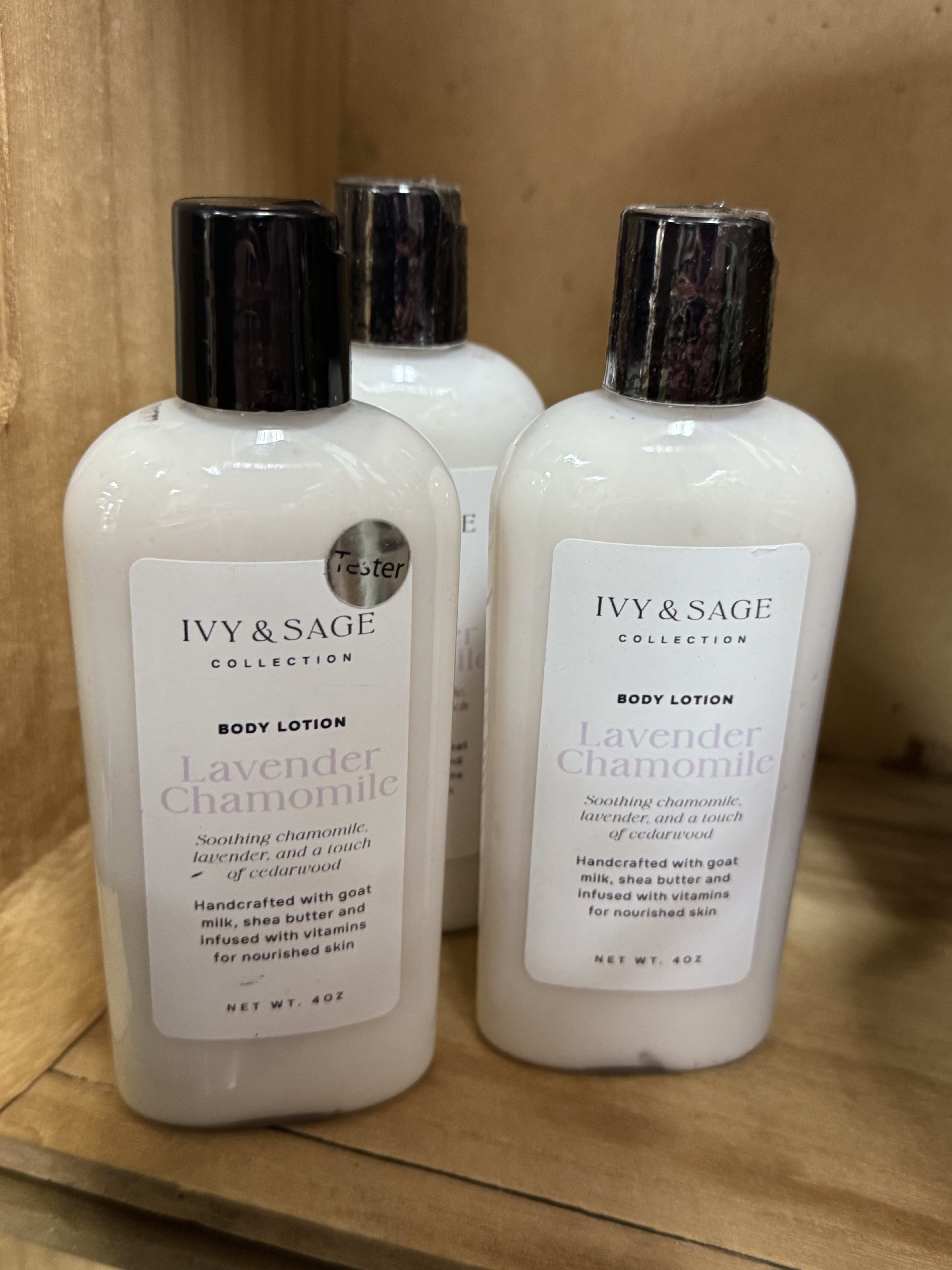 Three bottles of Ivy &amp; Sage lavender chamomile body lotion on a shelf