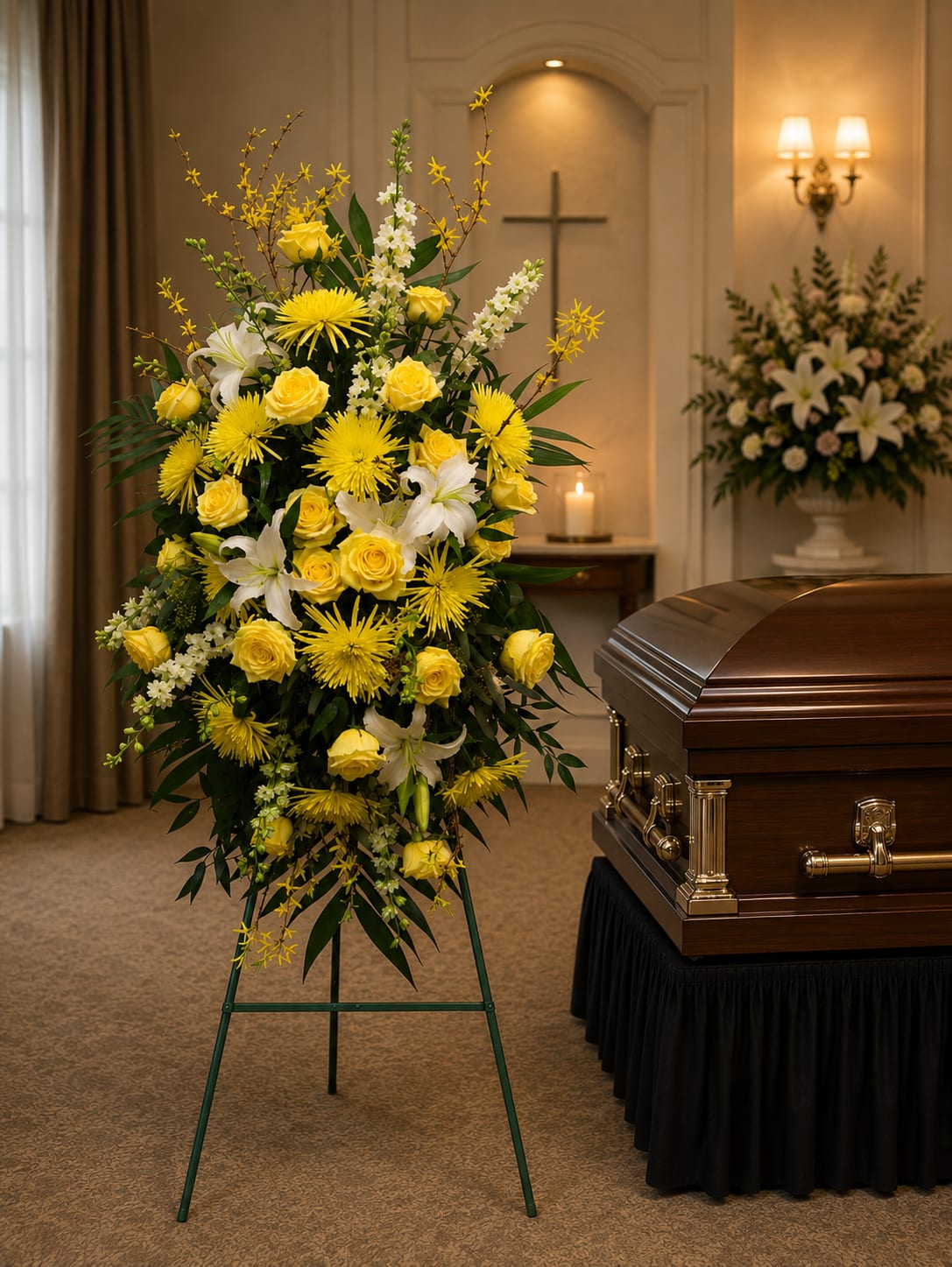 Tall yellow and white funeral spray beside a casket
