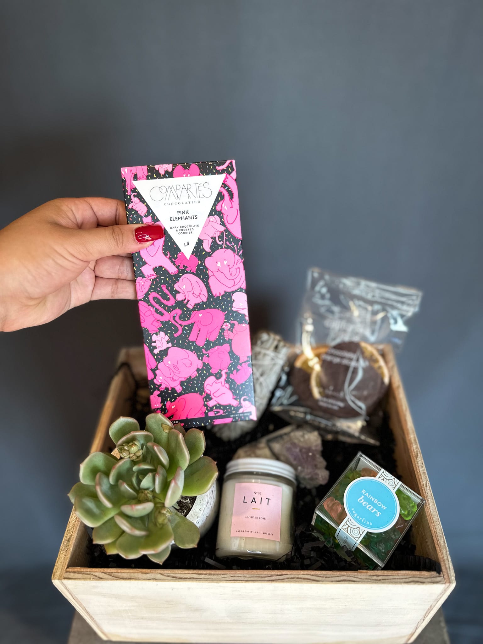 Gift basket with a succulent, chocolates, a candle, and candy