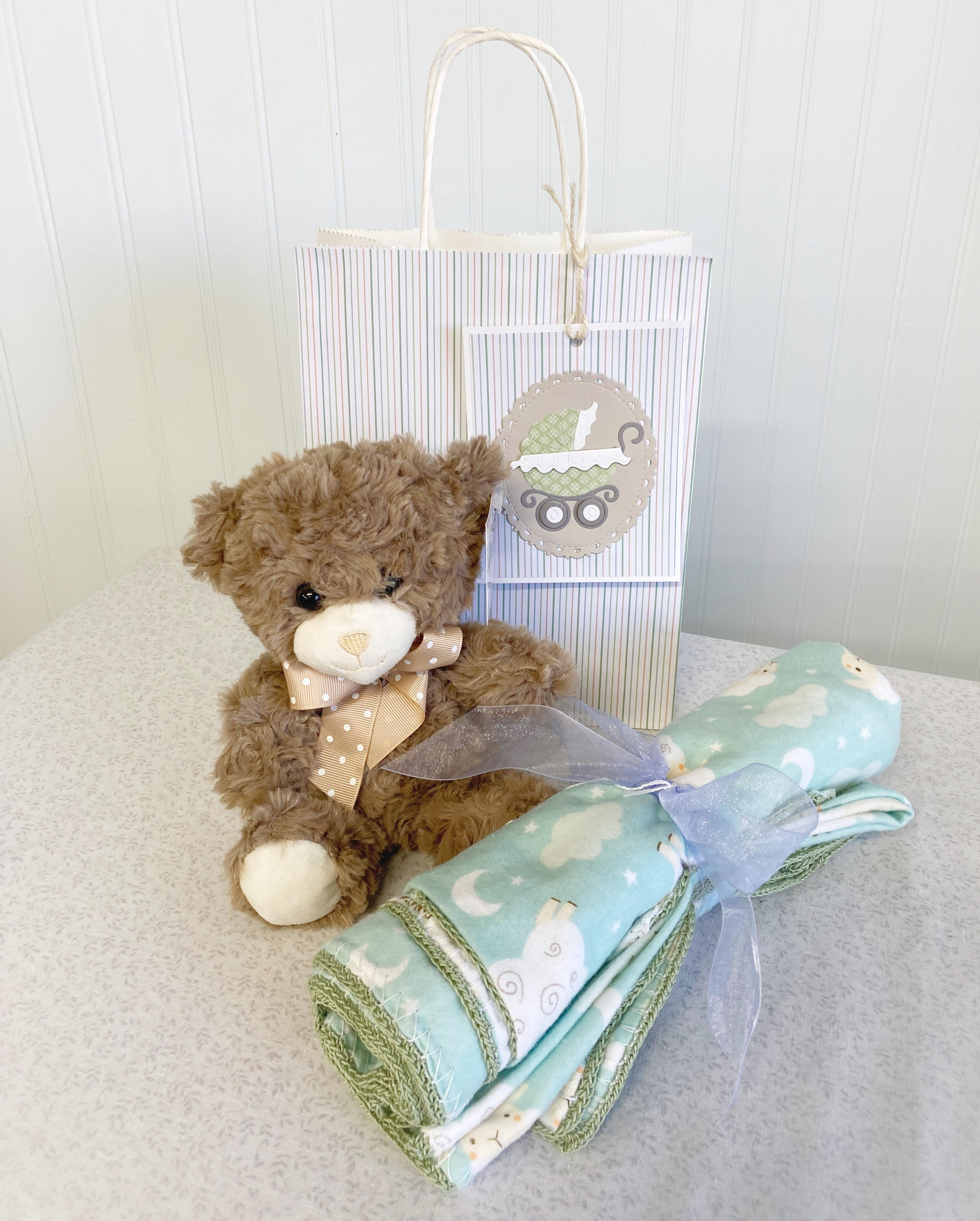 Teddy bear with a baby blanket and gift bag