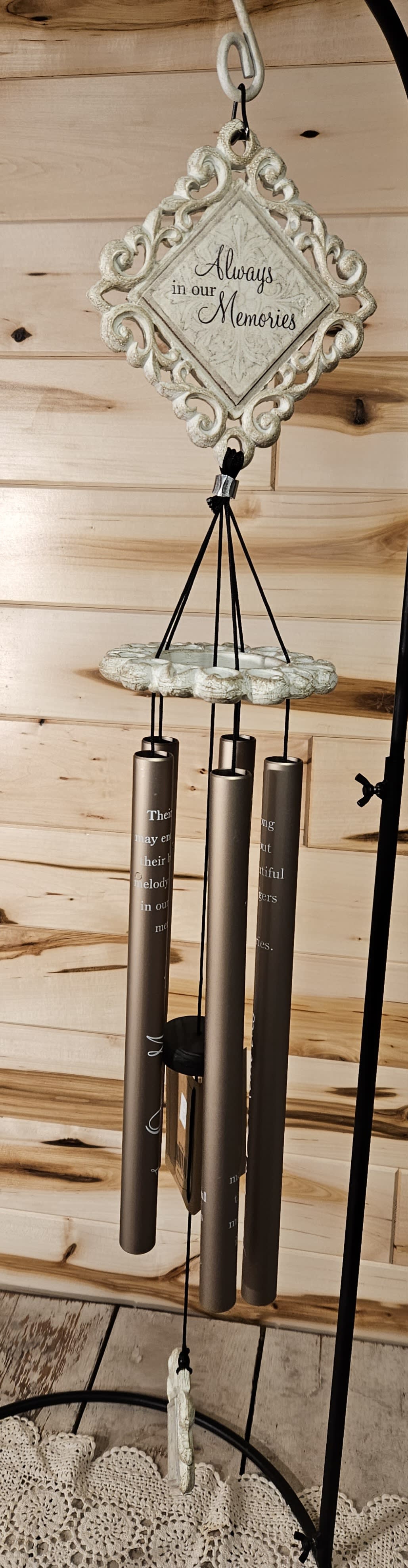 Decorative memorial wind chime with "Always in our Memories" plaque