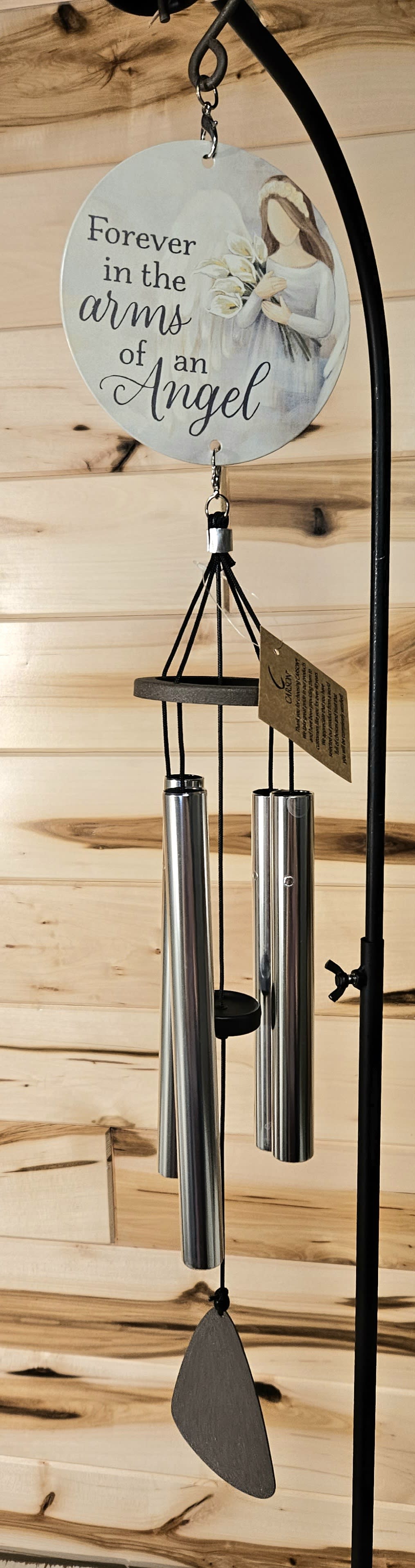 Angel memorial wind chime with a hanging plaque and metal tubes
