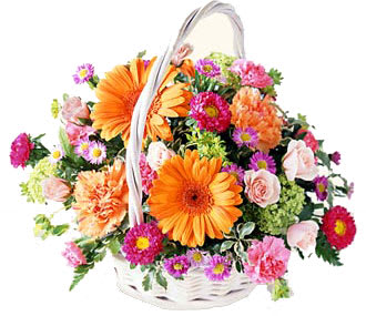 Basket of orange and pink mixed flowers with a white handle