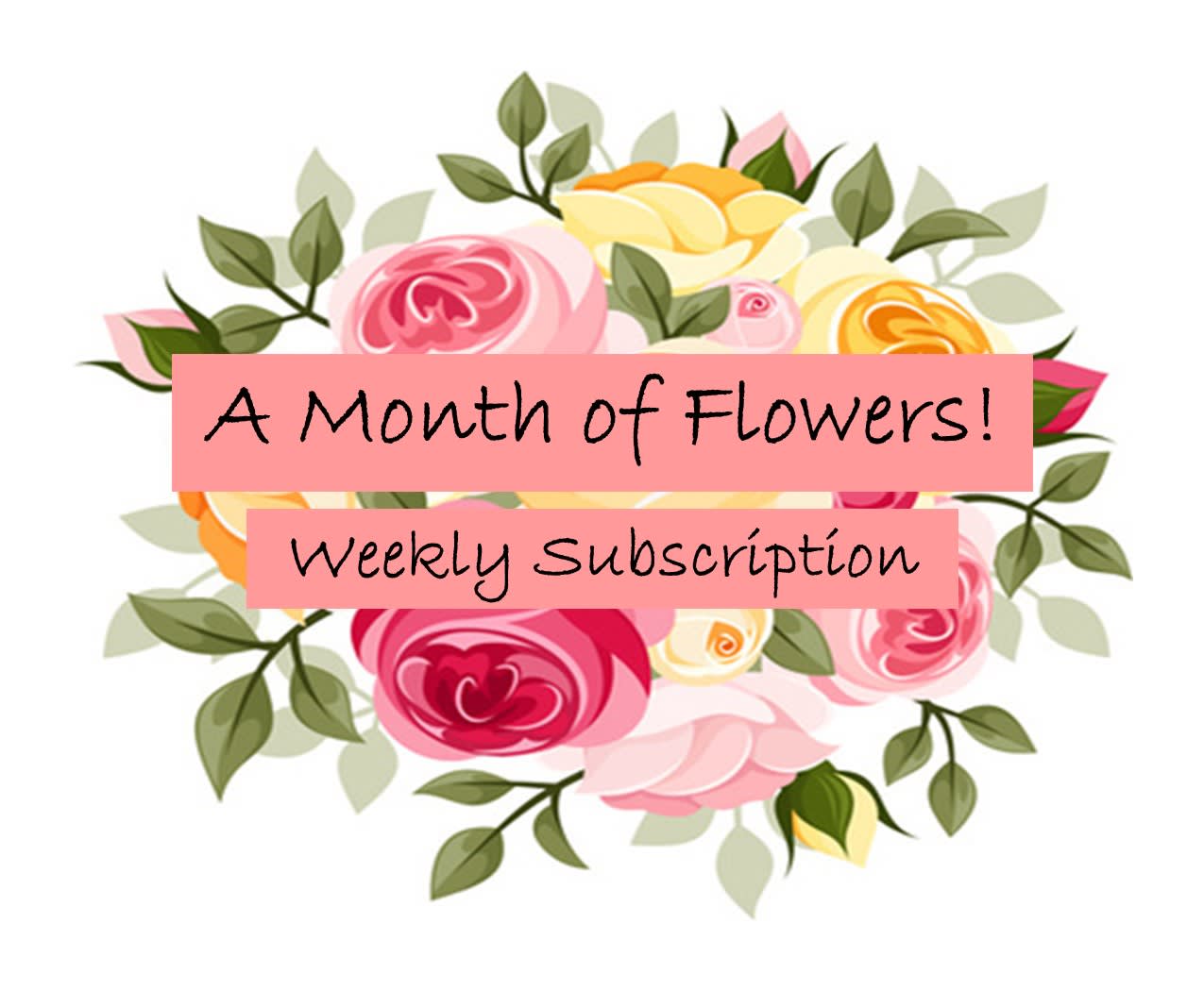 Illustrated floral wreath with pink and yellow roses behind text banners