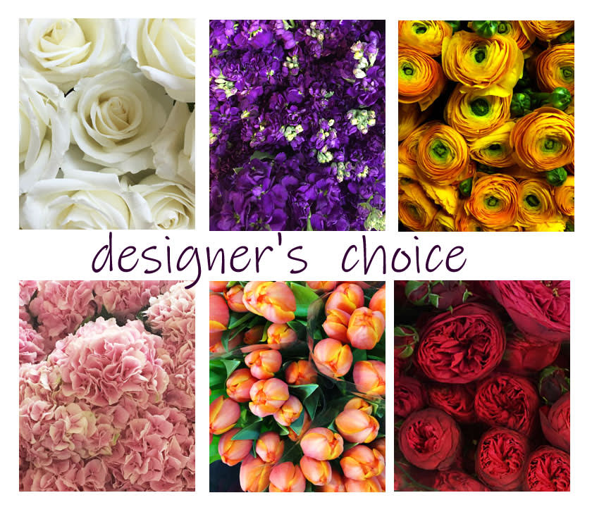 Collage of colorful flower close-ups with the words designer's choice.