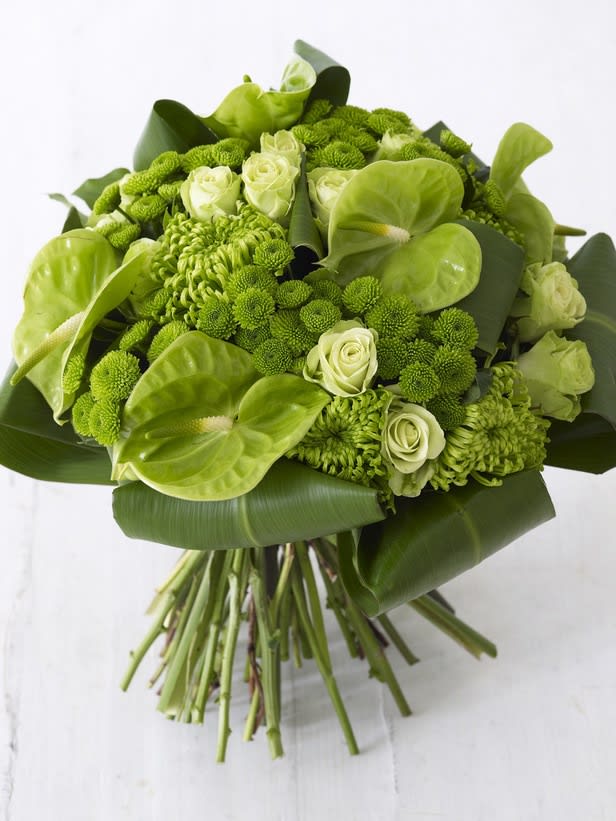 Green bouquet with roses, chrysanthemums, and anthuriums